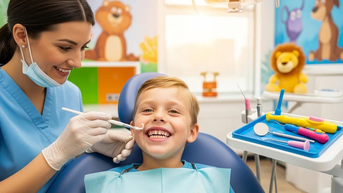 Child receiving fluoride treatment at a dental clinic, showcasing a positive dental care experience