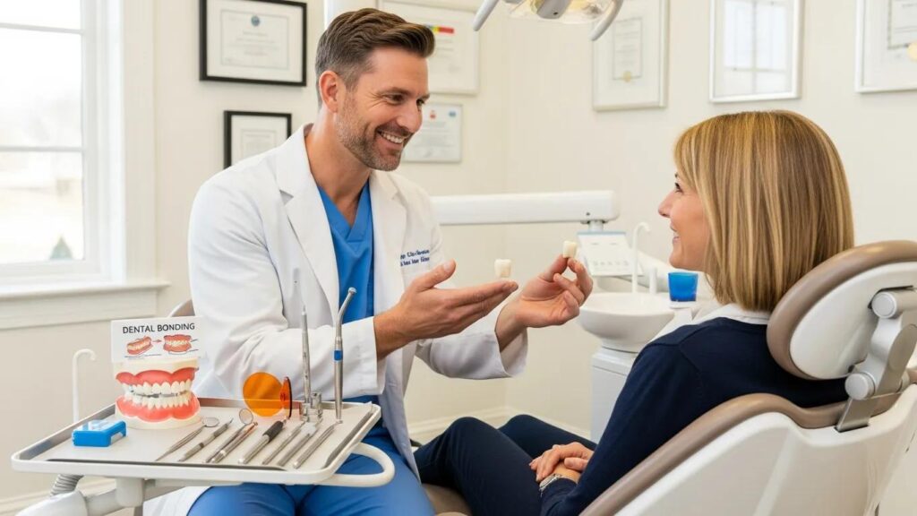 Dental bonding consultation with dentist and patient in a modern dental office