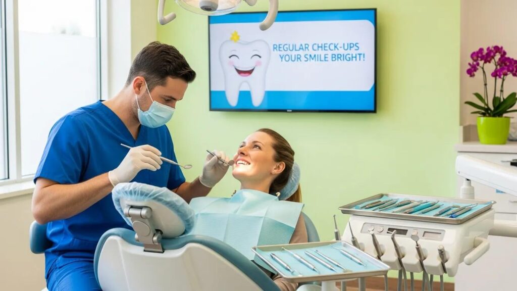 Dental exam scene with dentist and patient highlighting routine dental care