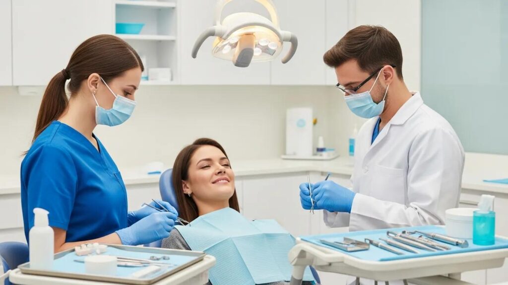 Dental office scene showcasing a patient in a dental chair, emphasizing comfort and safety in sedation dentistry