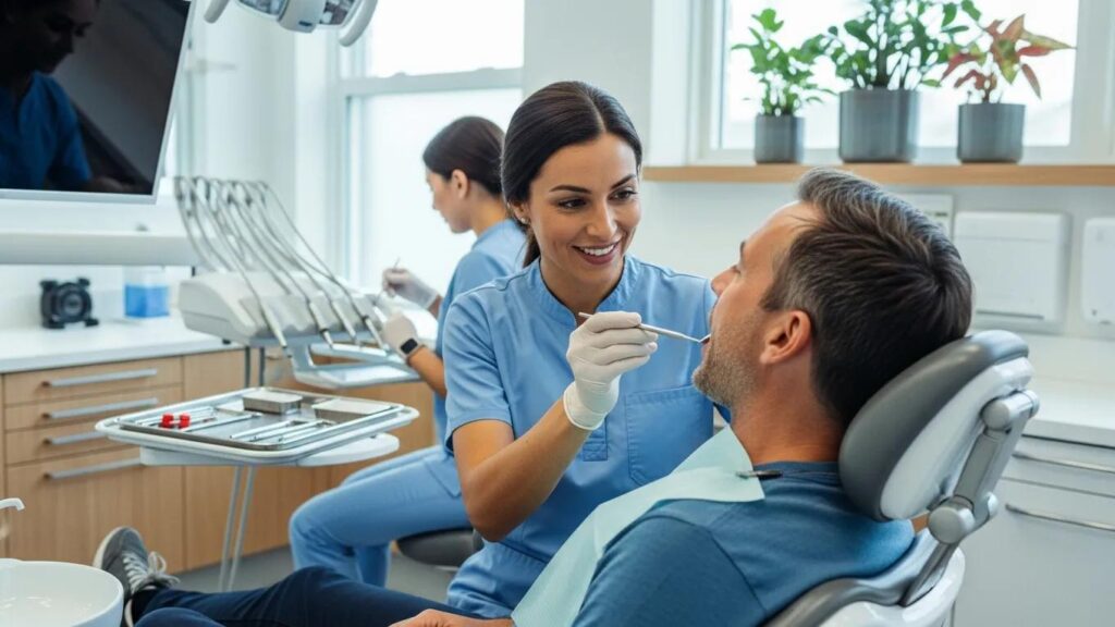 Dental professional conducting an oral cancer screening in a bright dental office
