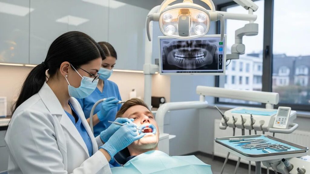 Dental professional placing a crown in a modern clinic, highlighting dental care and restoration