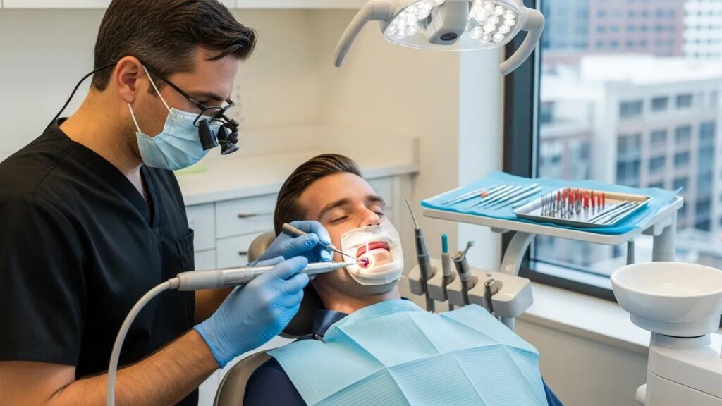 Dentist performing root canal therapy in a modern dental office