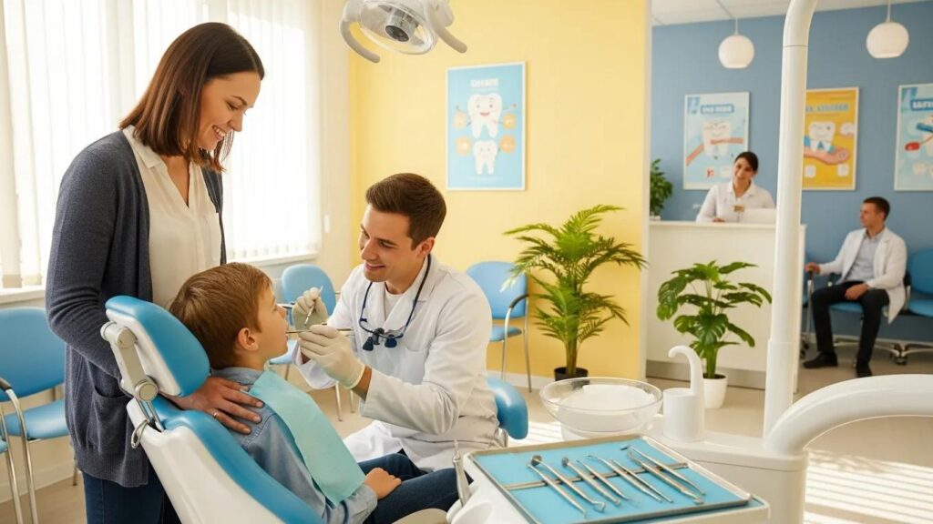Family receiving emergency dental care in a welcoming clinic environment