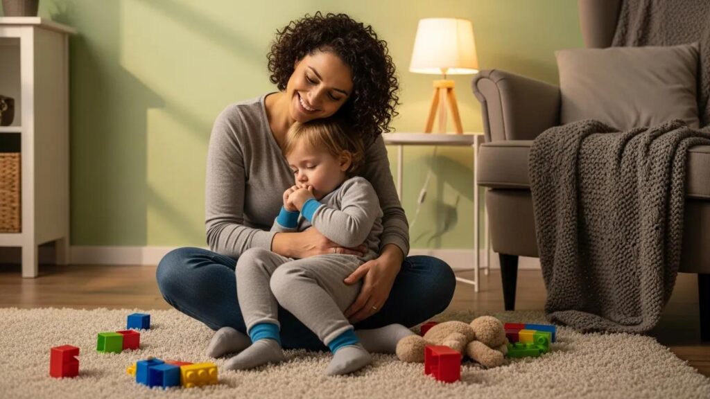 Parent comforting child who is thumb sucking in a cozy living room