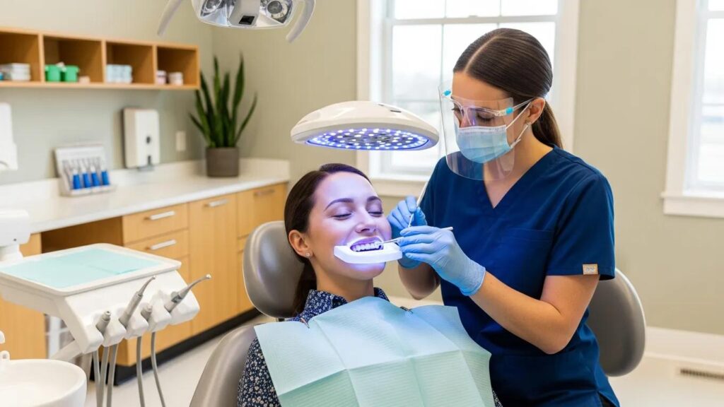 Patient receiving professional teeth whitening treatment in a modern dental office