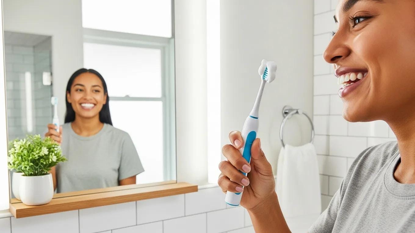 Person brushing teeth in a bright bathroom promoting daily oral hygiene