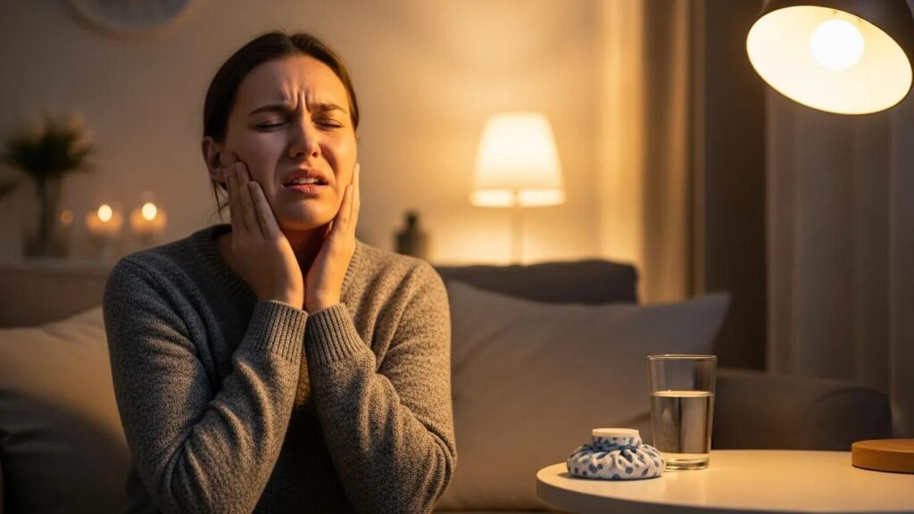 Person experiencing tooth pain in a cozy living room, highlighting the theme of toothache relief