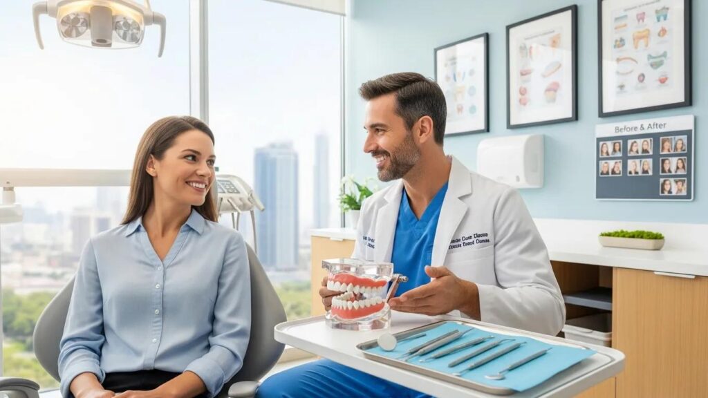 Smiling patient consulting with dentist about porcelain veneers in a bright dental clinic