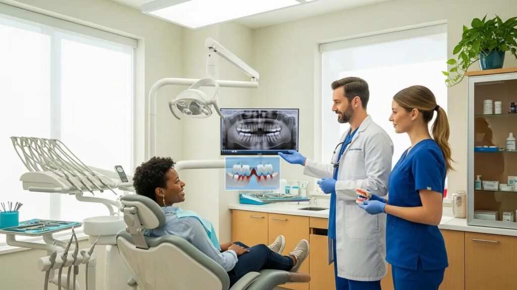 Smiling patient in a dental chair discussing dental bridges with a dentist in a modern clinic