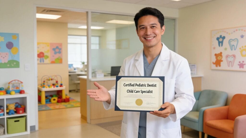 Pediatric dentist proudly displaying qualifications in a modern dental office, highlighting essential credentials for children's care.