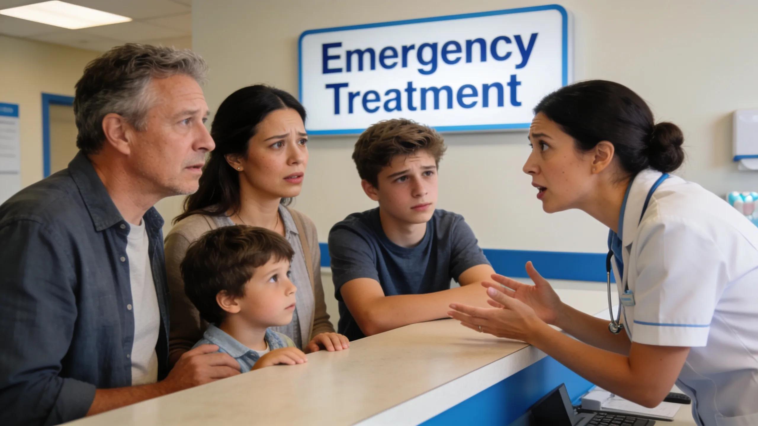 Family discussing emergency dental services at a clinic's front desk, highlighting urgent care