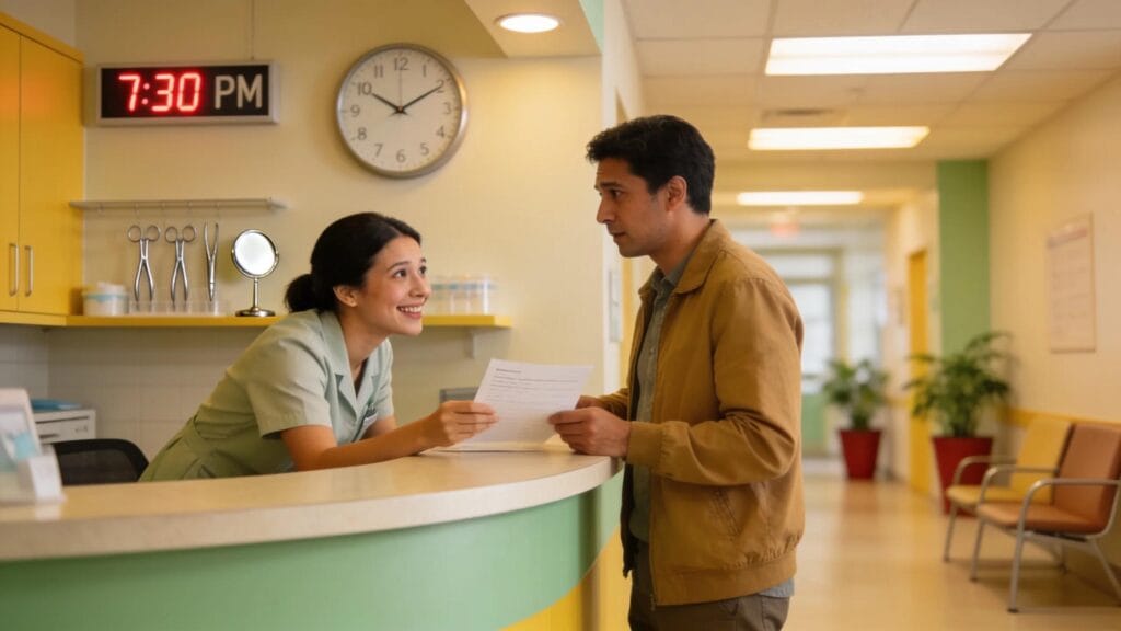 Emergency dental clinic reception area, showcasing care and urgency in dental services