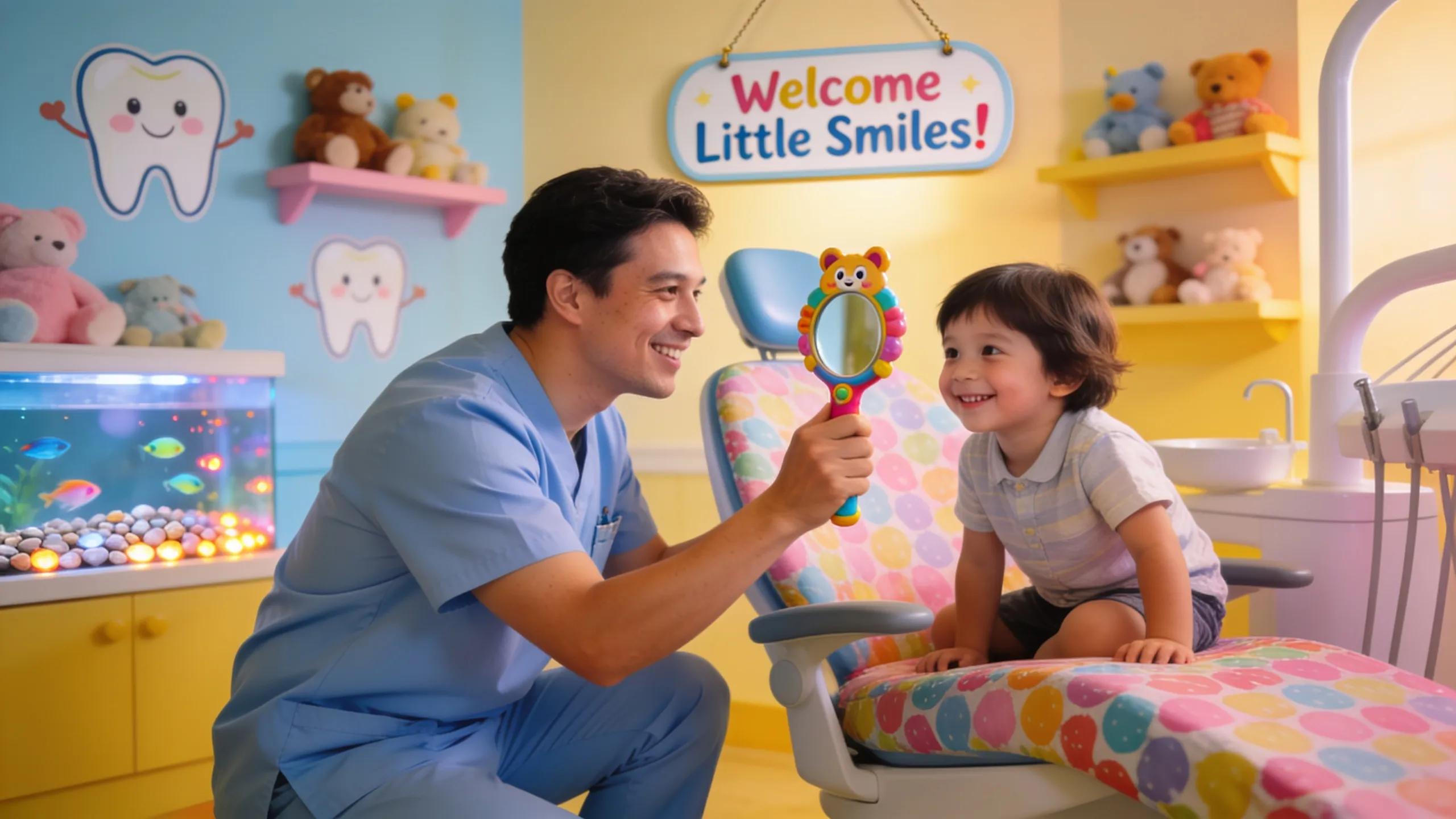 Child comfortably seated in a vibrant dental exam room with a caring dentist, illustrating the comfort approach in pediatric dentistry.