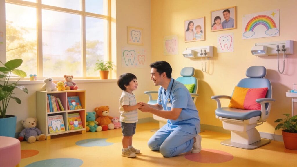 Family-friendly dental clinic interior with a dentist and child, emphasizing comfort and care