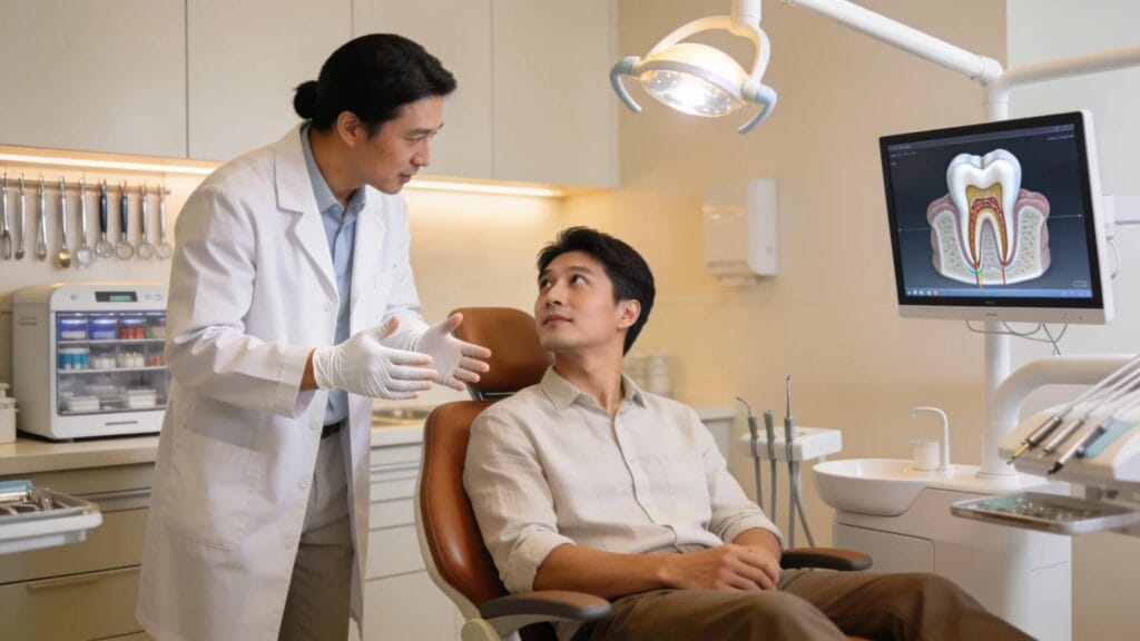 Dental expert explaining root canal treatment in a welcoming clinic environment