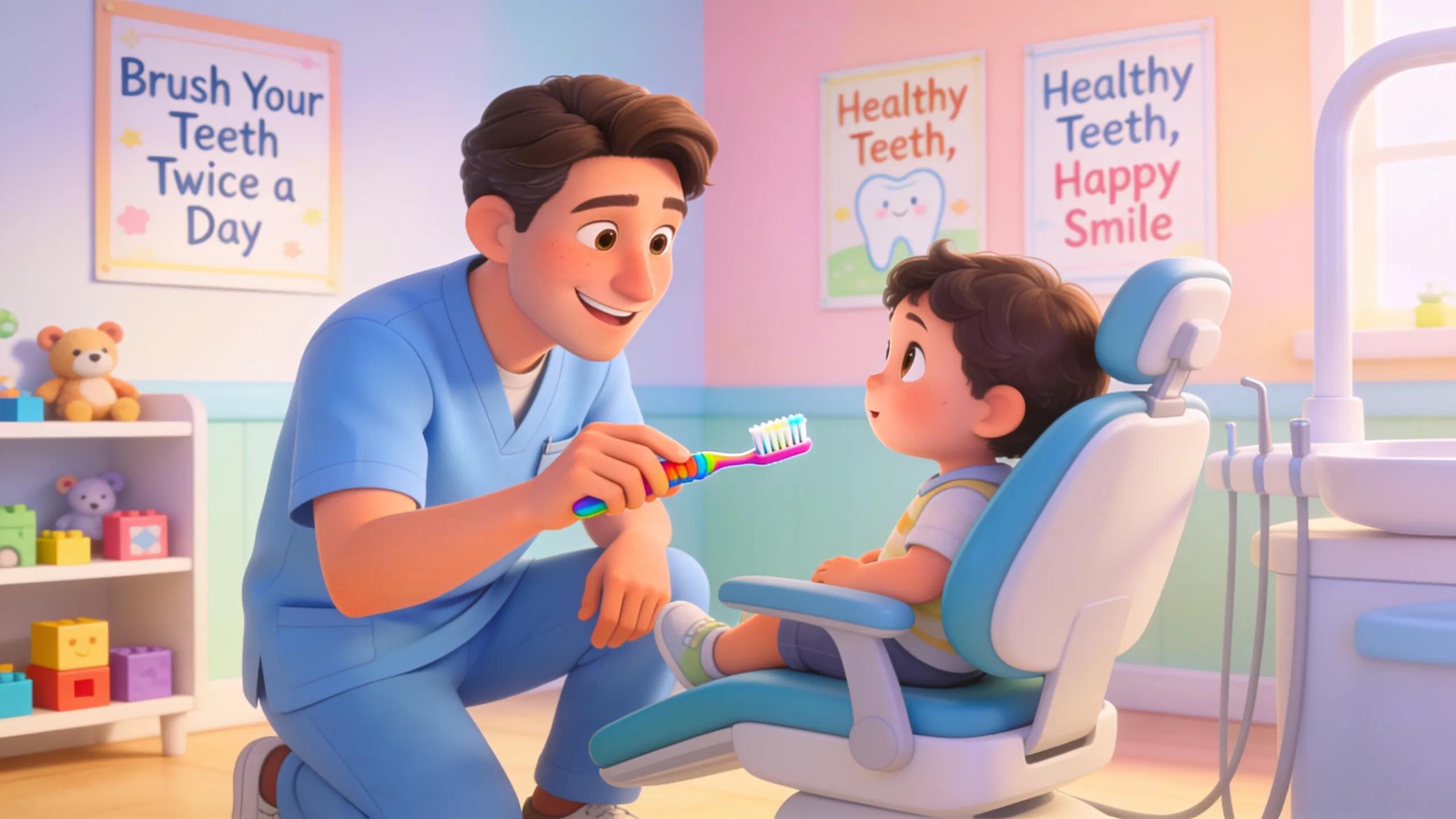 Pediatric dentist with a child showing a toothbrush, emphasizing oral hygiene education