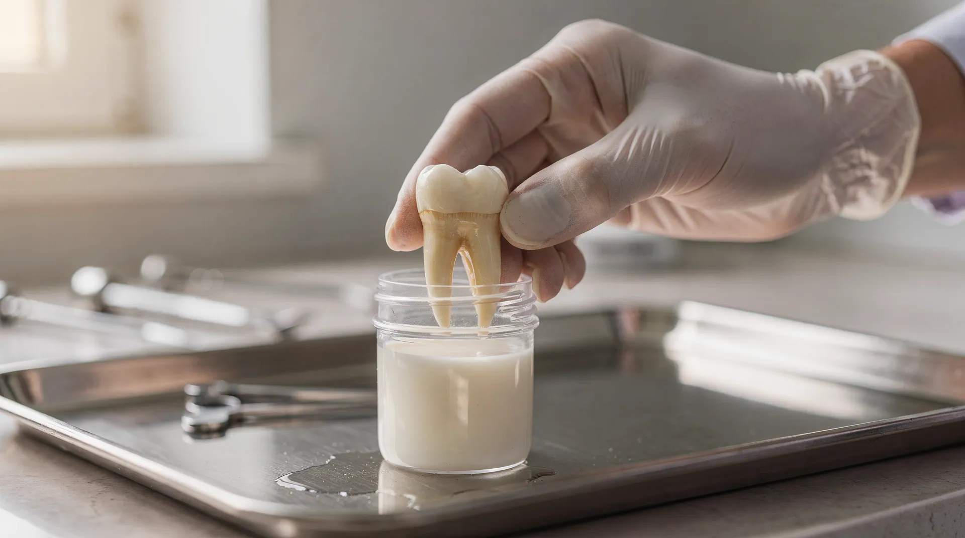 If the tooth is dirty, rinse it gently in milk, saline, or saliva — never